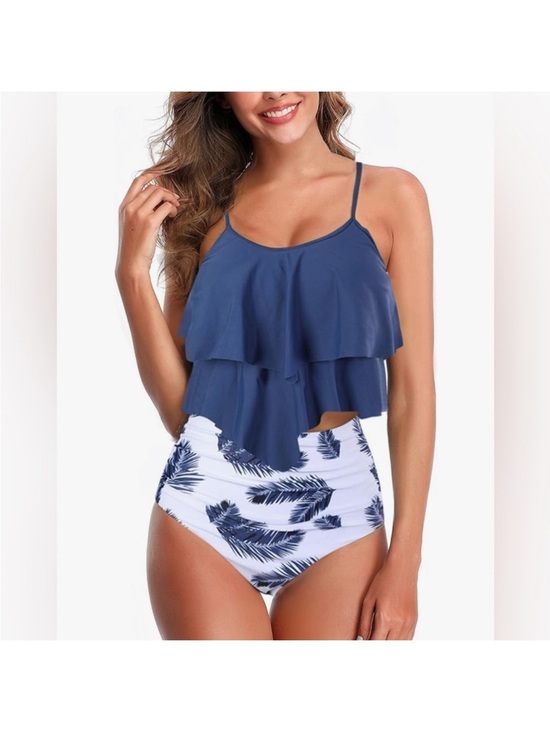 Adisputent Other - Women's Navy Flounce Tankini Top with White Navy Palm High-Waist Bottoms